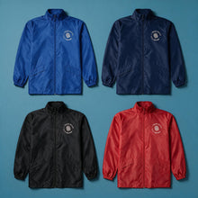 Load image into Gallery viewer, Four lightweight zip-front jackets arranged in a 2x2 grid on a blue background: blue, navy, black, and red. Each jacket has a small circular chest logo reading 'Pittsford Armor'.