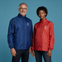 Load image into Gallery viewer, An older man and a young woman standing side by side against a solid blue background, each wearing a lightweight zip-front jacket. The man's jacket is navy blue, and the woman's jacket is red.
