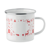 Load image into Gallery viewer, A white enamel camp mug with a silver metal rim and handle, decorated with a red Christmas-themed border pattern of stockings, reindeer, snowflakes, and gifts.
