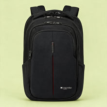 Load image into Gallery viewer, A black Maxmillian backpack with a textured front pocket, silver zippers, and a thin red vertical accent line, set against a solid pale yellow-green background.
